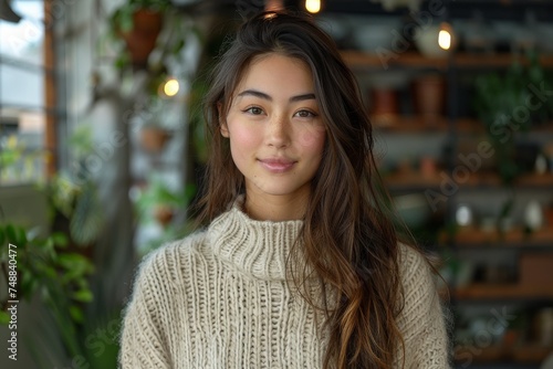 Young woman wearing a cozy sweater indoors at a stylish cafe setting