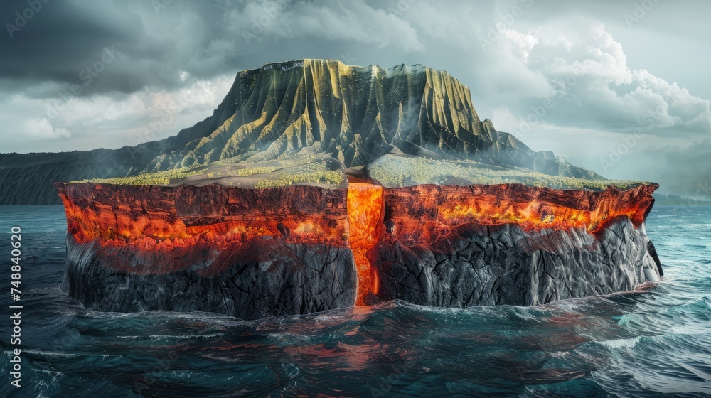Cross-sectional of a volcanic island, showing the magma chamber, volcanic vent, and fertile soil layers, aimed at educating about volcanic formation and ecosystem - obrazy, fototapety, plakaty 