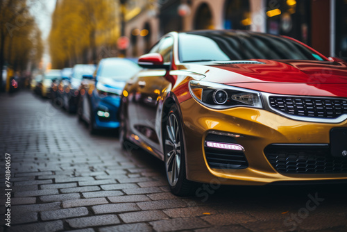 Close-up view of cars parked in city parking lot with urban skyline in background