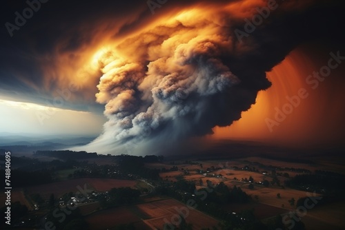 Massive supercyclone or tornado forming destruction over populated landscape with houses in the path