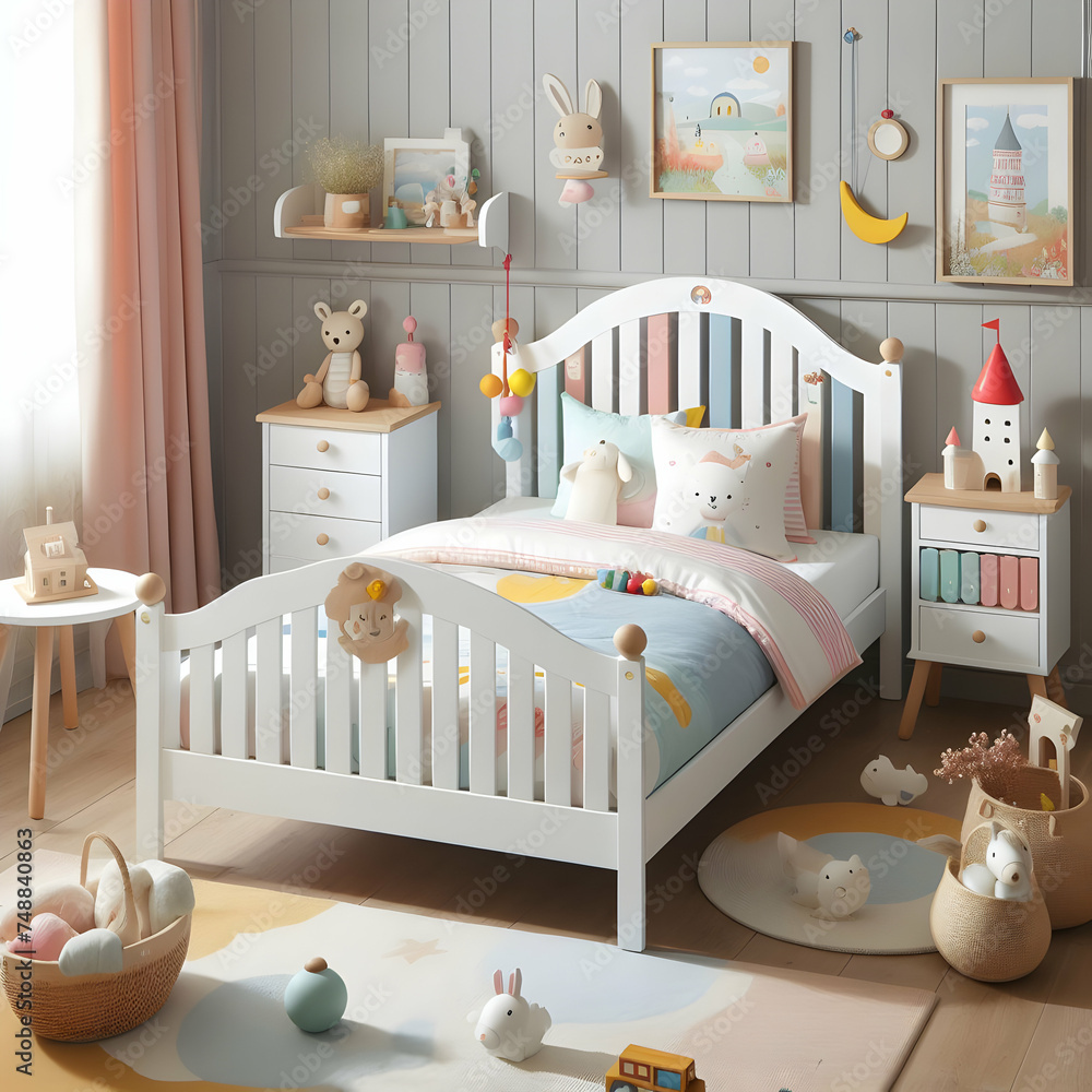 baby bed in a room.  room, bedroom, interior, baby, bed, nursery, furniture, crib, home, child, children, design,Ai generated  - obrazy, fototapety, plakaty 