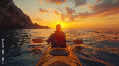 young man rowing kayak in the sea at sunset © fajar