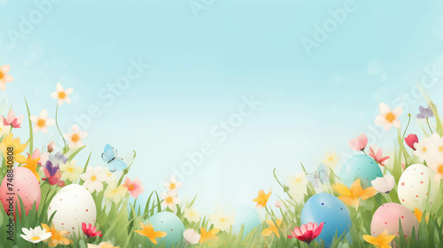 Easter background with painted eggs, grass and bright sky. With space for text. © Gun