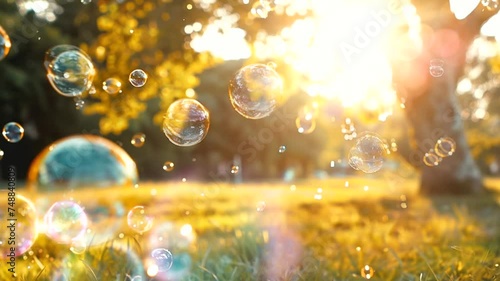 Flying soap bubbles scene, animated virtual repeating seamless 4k