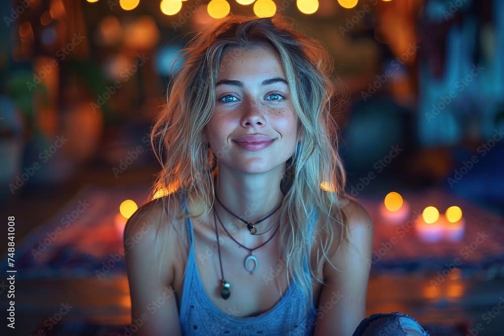 Portrait of a young woman with a glowing backdrop of evening lights Portrait of a young woman with a glowing backdrop of evening lights