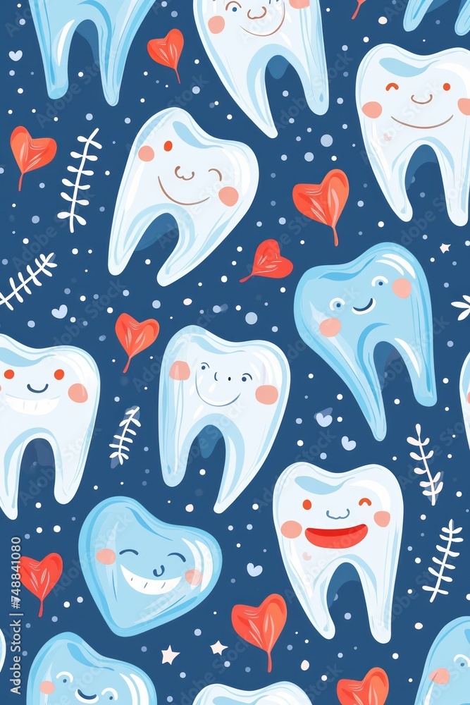 Funny seamless images of small and large teeth and everything related to dentistry, dental care concept and international dentist day celebration Funny seamless images of small and large teeth and everything related to dentistry, dental care concept and international dentist day celebration