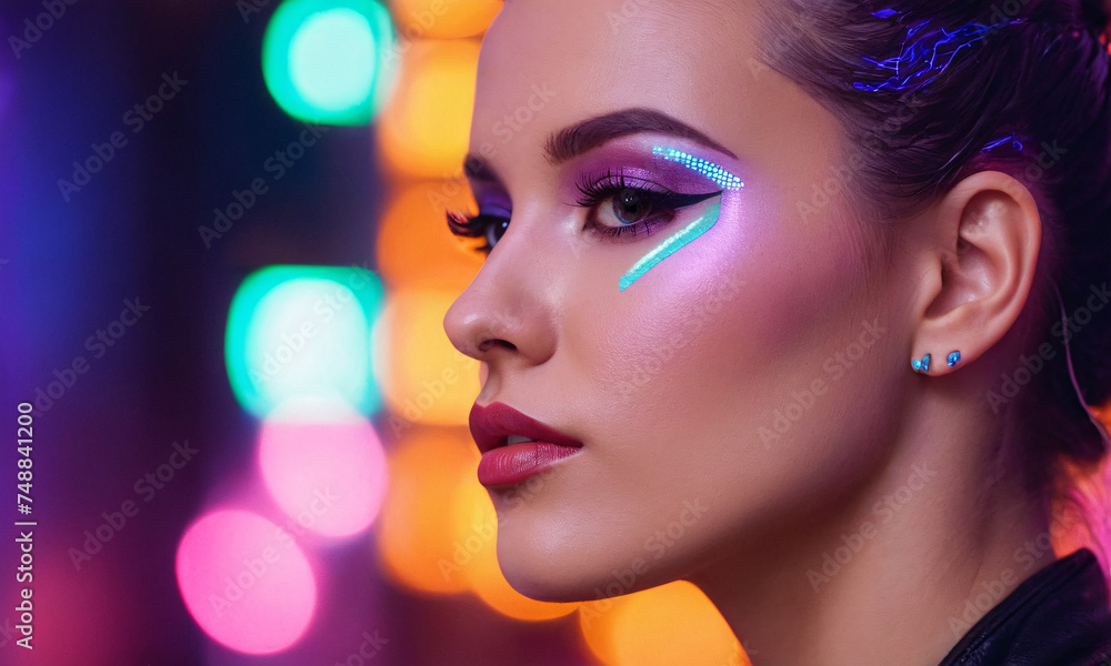 A captivating portrait of a girl adorned with futuristic, glowing makeup in the vibrant hues of cyberpunk style. The neon lights cast an ethereal glow, highlighting her unique style. A captivating portrait of a girl adorned with futuristic, glowing makeup in the vibrant hues of cyberpunk style. The neon lights cast an ethereal glow, highlighting her unique style.