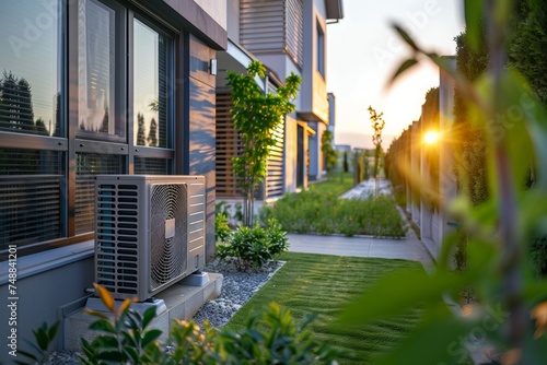 Heat pump unit outside of a modern house at sunset.