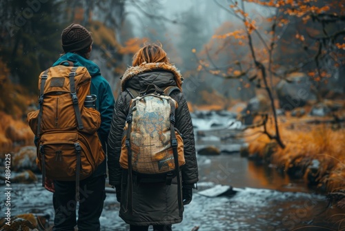 Two hikers with backpacks stand facing a serene stream surrounded by the colorful foliage of an autumn forest, evoking a sense of adventure and exploration