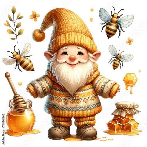 Cute cartoon gnome with honey, bee and honeycombs