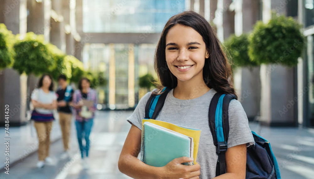 female student with books and backpack smiling female student with books and backpack smiling