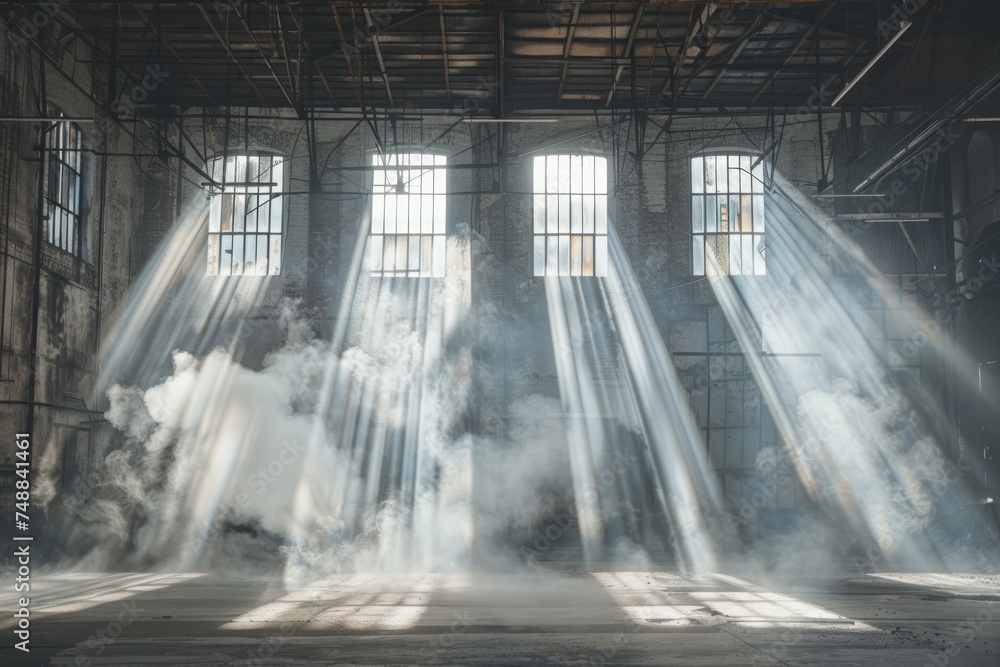 Atmospheric smoke filling an industrial warehouse interior with beams of light.