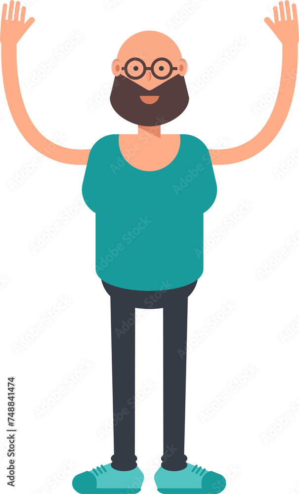 Bald Bearded Man Character Raising Hands
