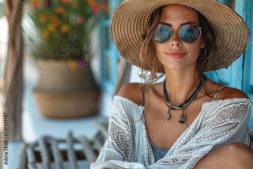 Elegantly dressed woman in hat and lace garment, exuding a carefree bohemian vibe as she reclines in a chic, rustic setting with flora backdrop photo