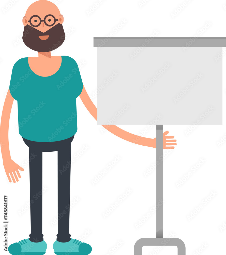 Bald Bearded Man Character Presenting Whiteboard
Bald Bearded Man Character Presenting Whiteboard