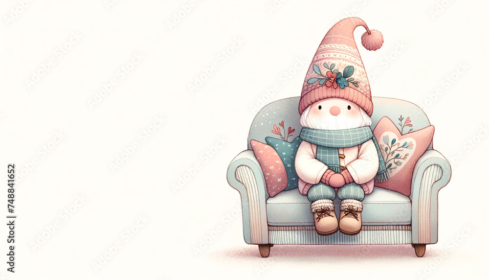 Fototapeta premium Cute cartoon snowman sitting on a sofa. Christmas illustration.