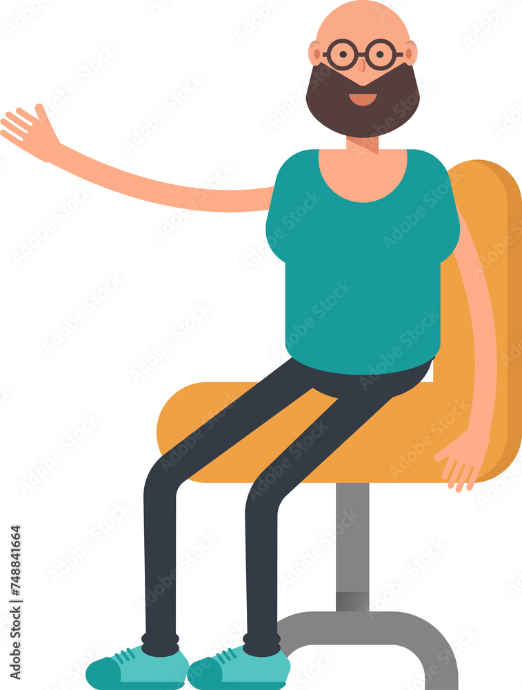 Bald Bearded Man Character Sitting on Office Chair
Bald Bearded Man Character Sitting on Office Chair