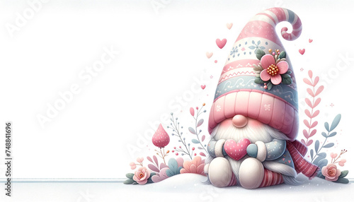 Cute gnome with hearts and flowers. 3D illustration.