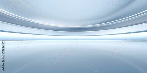 Empty space inside futuristic room, showroom, spaceship, hall or studio in perspective. Include ceiling, hidden light, white floor and abstract shape. Modern interior background of future, technology.