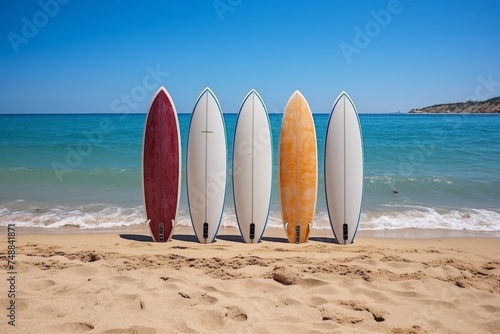 Colorful surfboards on sunny beach by the sea, ready for waves with space for text placement