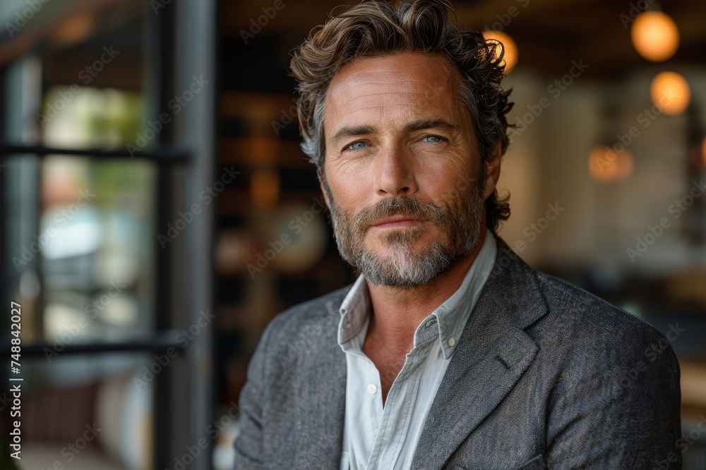A handsome, mature man with a confident posture in a smart, contemporary interior setting A handsome, mature man with a confident posture in a smart, contemporary interior setting