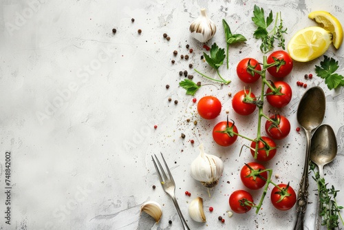 Composition with branch of fresh cherry tomatoes, herbs, garlic cloves, lemon wedges, kitchen spoon and fork on minimalistic gray clean background, overhead shot with copy space