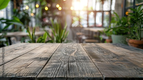 Fototapeta Naklejka Na Ścianę i Meble -  a table made of wooden grain and a view of plants by the trees, light maroon and dark gray