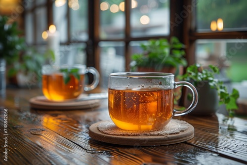 A cozy image capturing a warm cup of tea on a rustic wooden table, surrounded by soft lighting