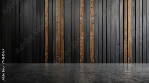 a studio background with a black matte finish with cedar wood accents 