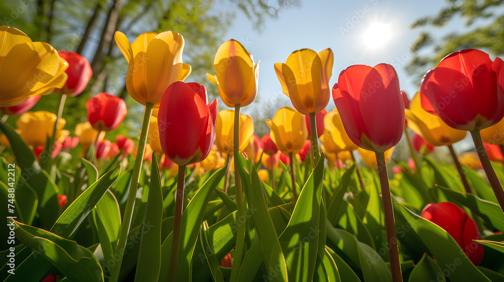 Obraz premium Yellow and red tulips in bloom, a vibrant field of tulips under a bright spring sun