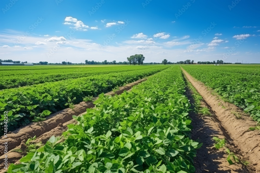 Vibrant summer day abstract farm plantation background with lush greenery and clear blue sky