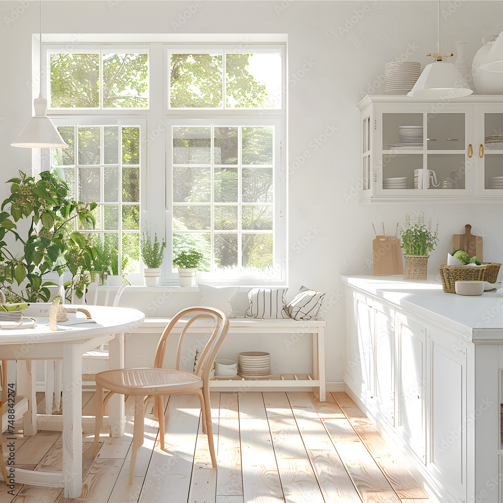 Fototapeta premium White country kitchen, pastel colors, bright interior, sunlight window. 3D render.