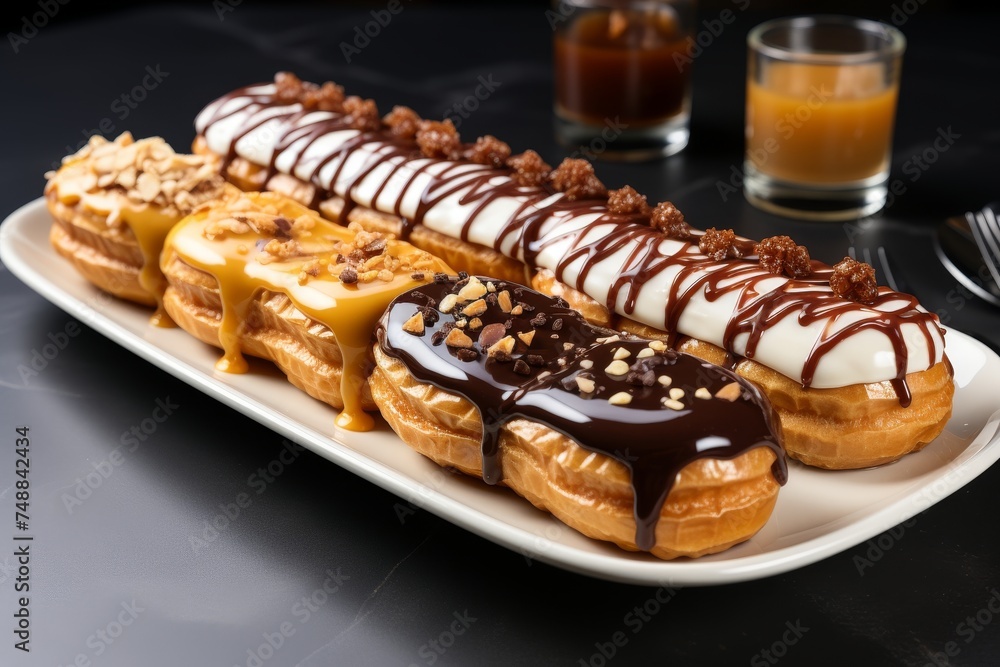 Assorted french eclair desserts on white plate with varied flavors and vibrant colors for sale Assorted french eclair desserts on white plate with varied flavors and vibrant colors for sale