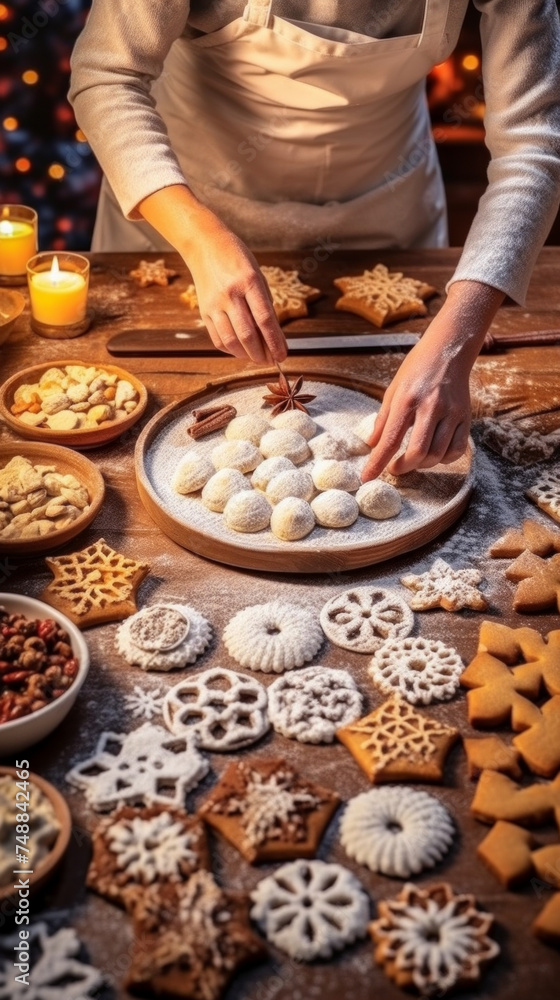A baker arranging snowball cookies dusted with sugar on a wooden platter, surrounded by various Christmas cookies and decorations.