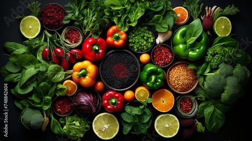 Vibrant top-view collage of colorful fruits and vegetables for healthy eating concept