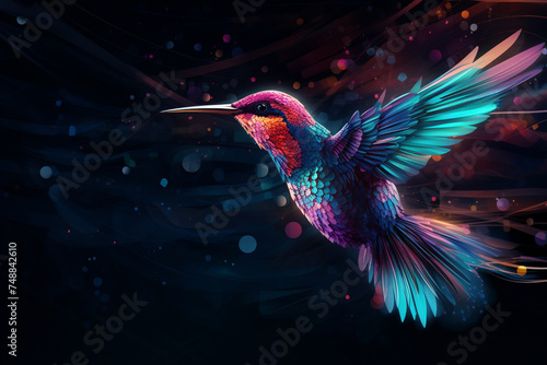 a bird, digital technology, modern, neon, dark background © Salawati
