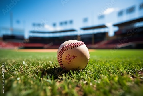 Close-up of bright white baseball on vibrant green field lawn with lush  beautiful grass