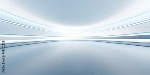 Empty space inside futuristic room, showroom, spaceship, hall or studio in perspective. Include ceiling, hidden light, white floor and abstract shape. Modern interior background of future, technology.