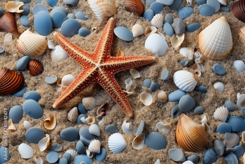 Seashells and starfish on sandy beach, summer travel design and vacation concepts