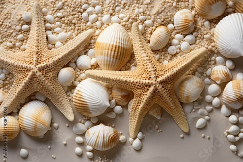 Seashells and starfish on sandy beach. natural texture for summer travel and coastal decor