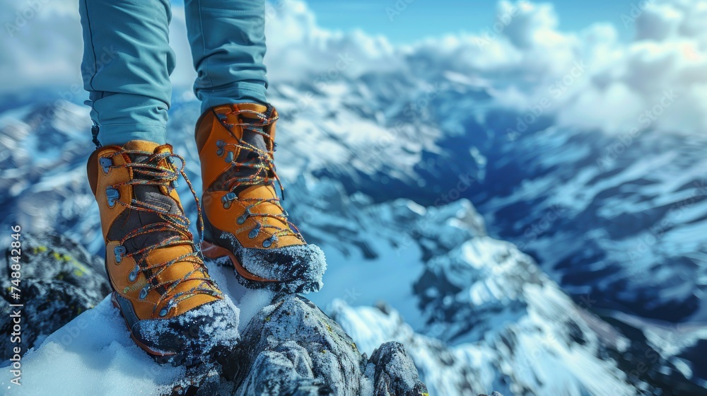 Detail of hiker legs in black orange hiking boots on mountain summit. Detail of hiker legs in black orange hiking boots on mountain summit.