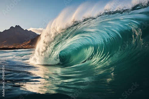 Colossal ocean wave against blue sky  side view with invigorating spray and scenic horizon. Tsunami