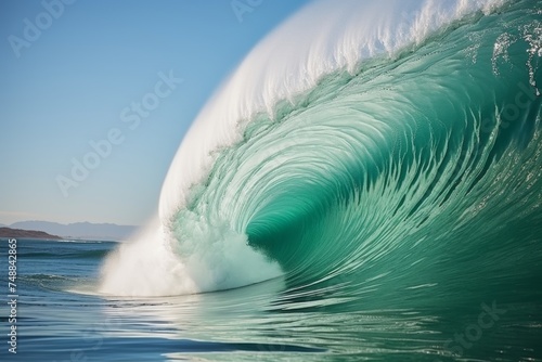 Colossal turquoise ocean wave crashing against sky blue horizon, dramatic side view shot © polack