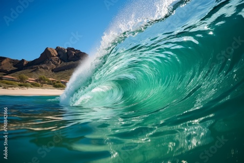 Captivating side view of colossal turquoise ocean wave crashing against clear blue sky