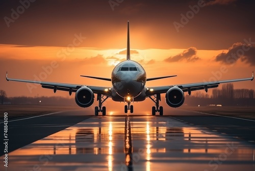 Passenger airliner getting ready for takeoff at sunset, front view in the warm glow of evening sun