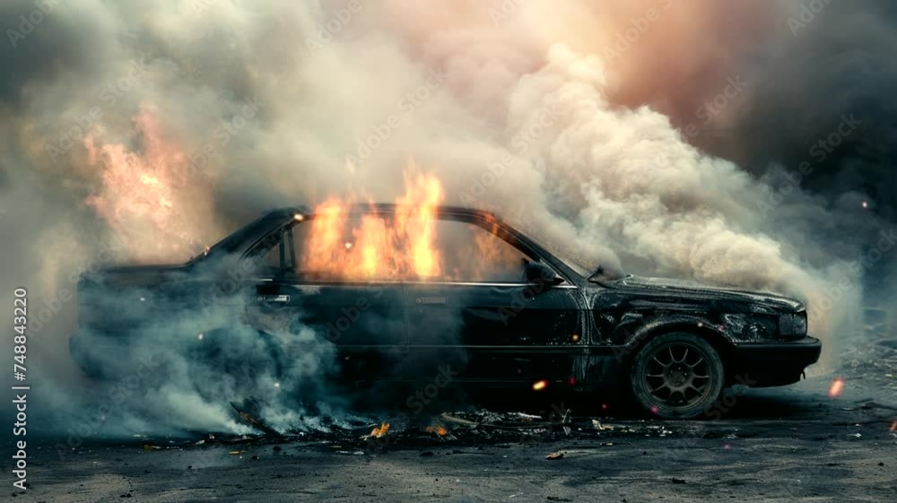 Scene of a car burning and smoking, animated virtual repeating seamless 4k Scene of a car burning and smoking, animated virtual repeating seamless 4k