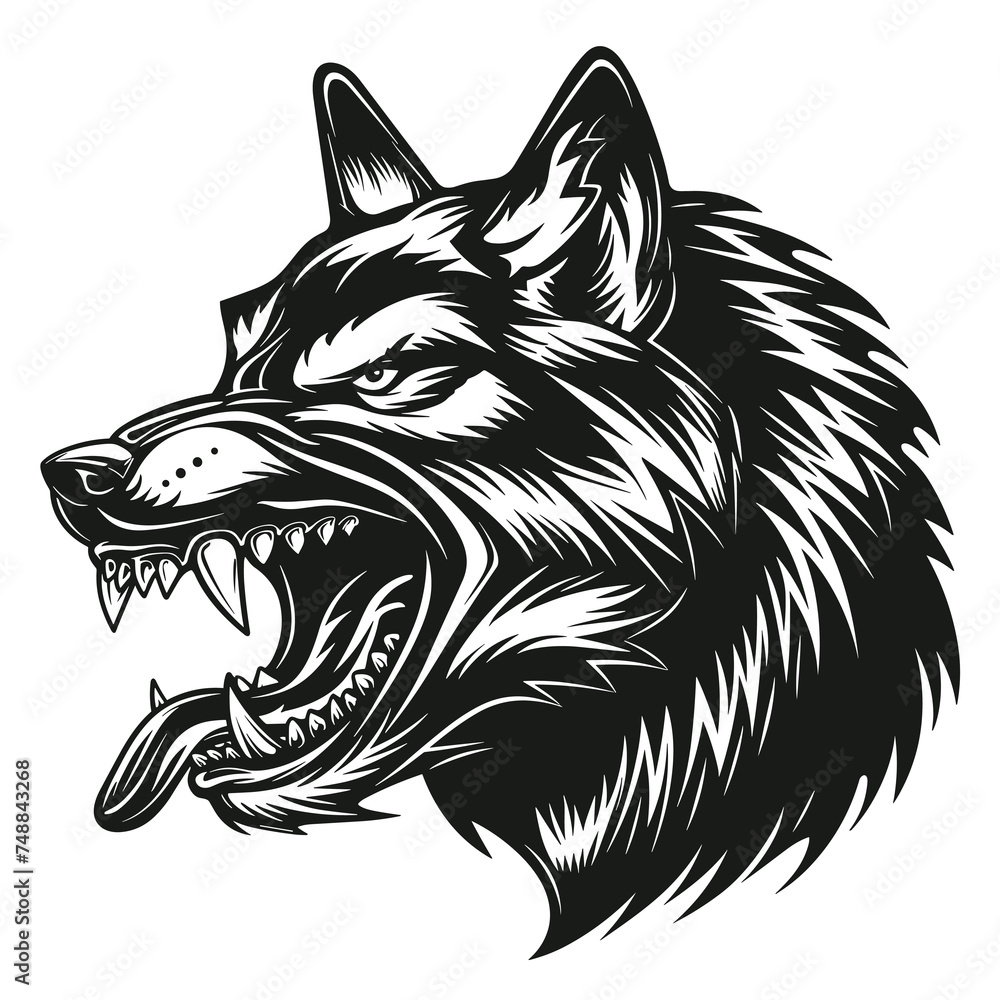 Fototapeta premium Angry wolf head showing his sharp teeth, mascot, logo, tattoo template, vector illustration