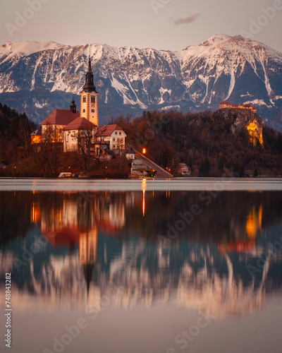 Scenic view of Lake Bled in Slovenia. Island with church in the middle of the lake. © Stefan