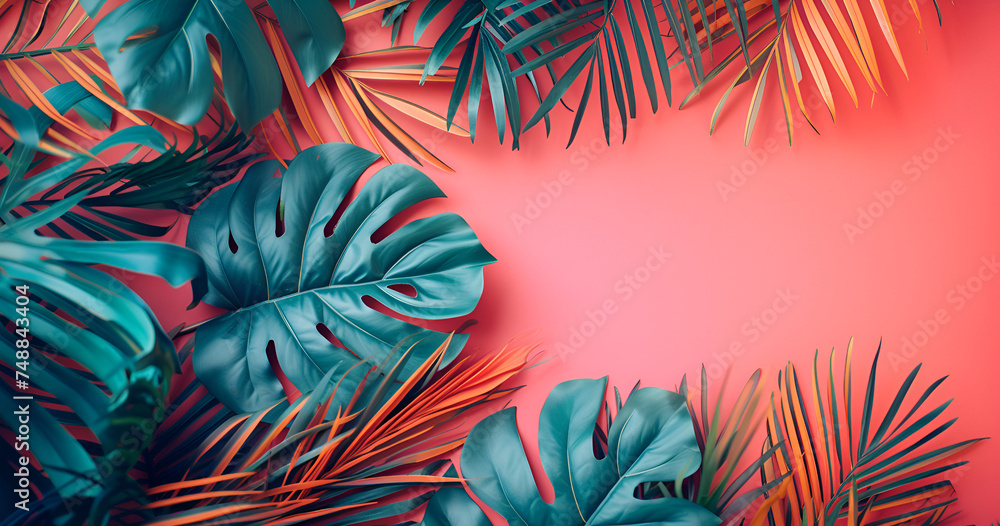 Fototapeta premium Tropical bright colorful background with exotic painted tropical palm leaves.Minimal fashion summer concept Generative AI.