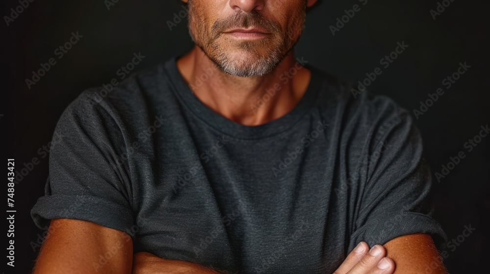 Man with a serious expression., A man posing for the camera., The man is wearing a gray shirt., A close-up of a man's face..